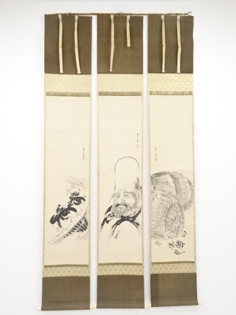 JAPANESE HANGING SCROLL / HAND PAINTED / SET OF 3 / FUKUJURO